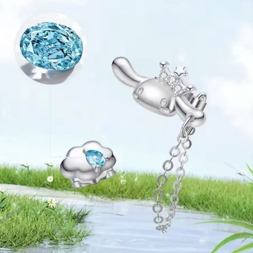 925 Sterling Silver Cinnamoroll W/ Chain & Cloud W/ Aquamarine Mismatch Earrings